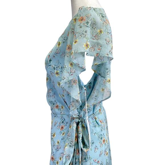 DREW Maggie Floral Wrap Dress Sz L Blue Ruffles Flounce Spring Cottagecore NWT - Picture 6 of 12